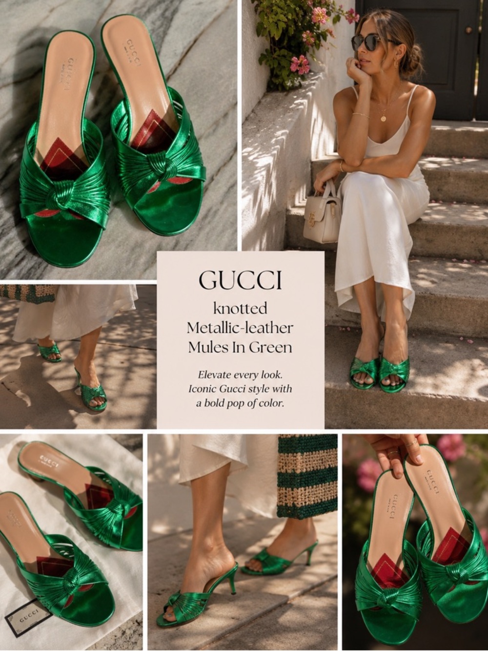 GUCCI knotted Metallic-leather Mules In Green